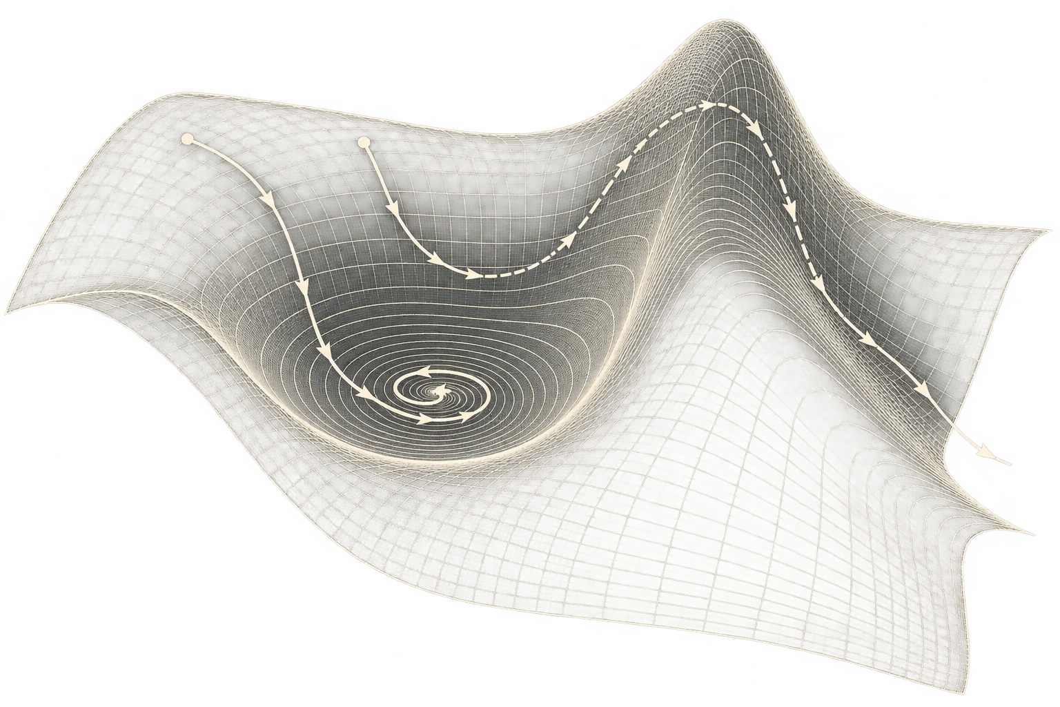 Two trajectories cross a gridded phase surface: one settles into a basin while the other leaves it.