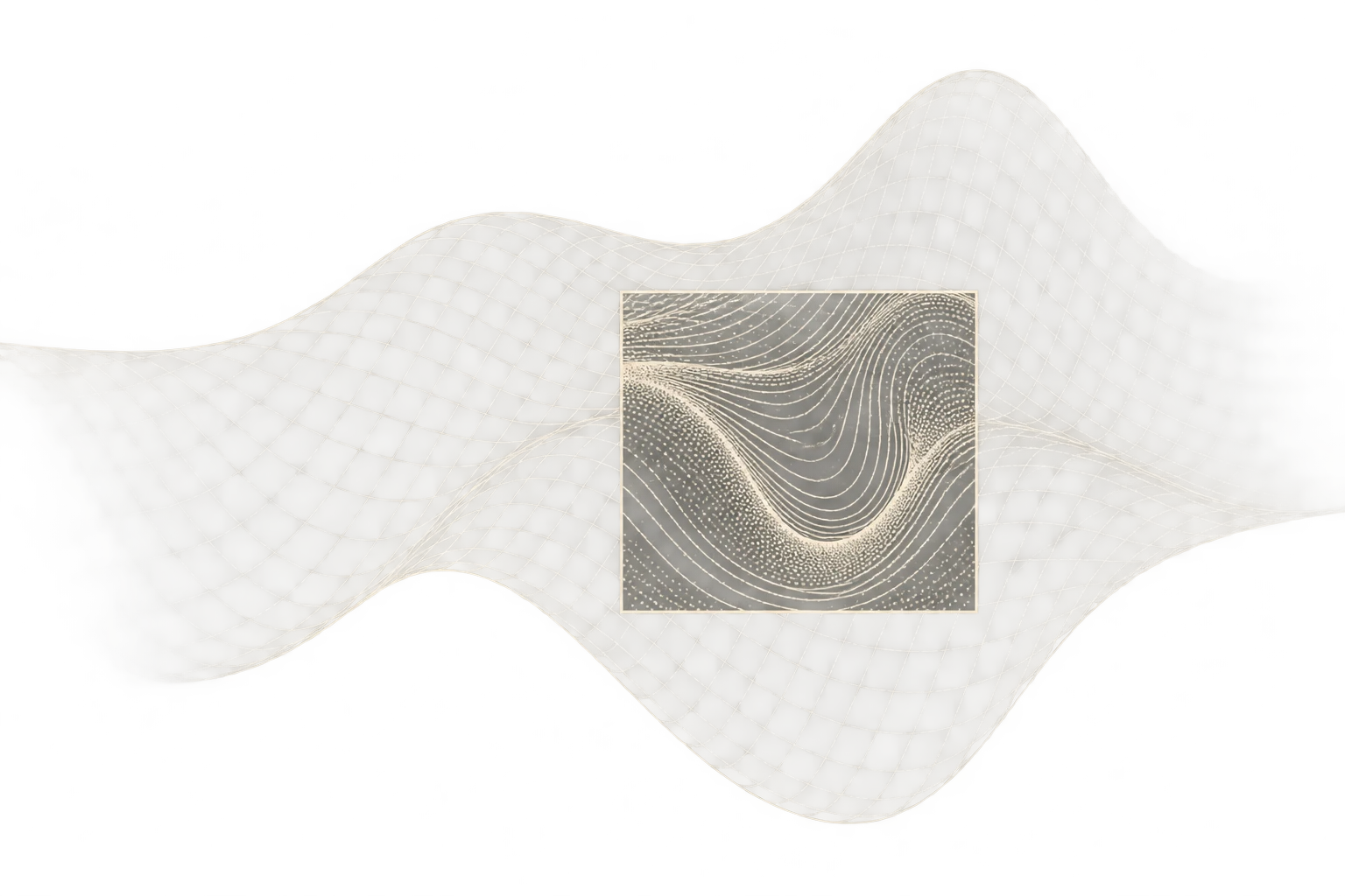 A dense contour region sits inside a measured window on a larger gridded manifold.