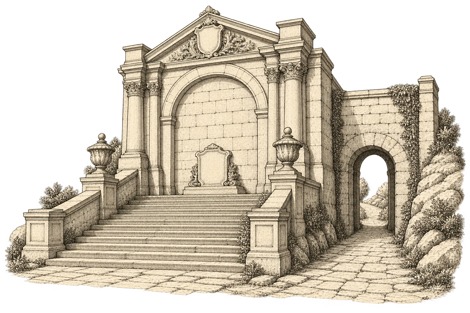 A grand stone approach ends at a wall, while a plain side passage opens through it.