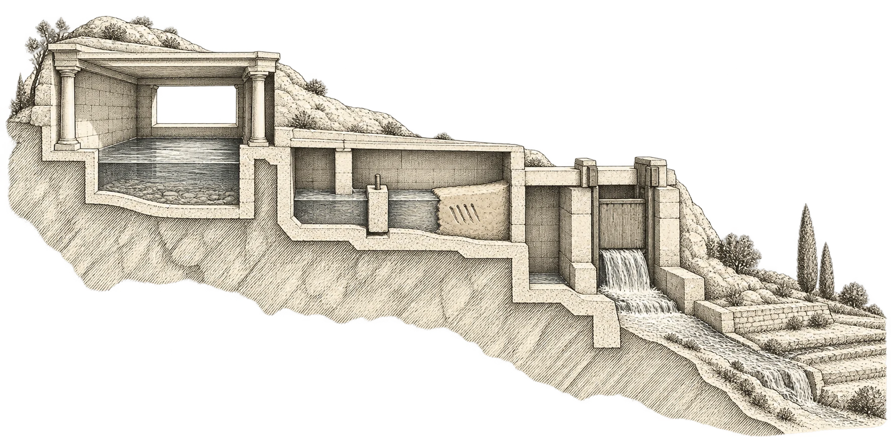 A stone cutaway separates a viewing port, an altered clay bank, and a sluice releasing water downstream.