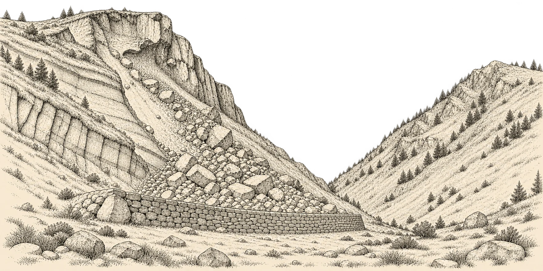 A retaining wall catches a rockfall below a visible slope scar, leaving the neighboring valley undisturbed.