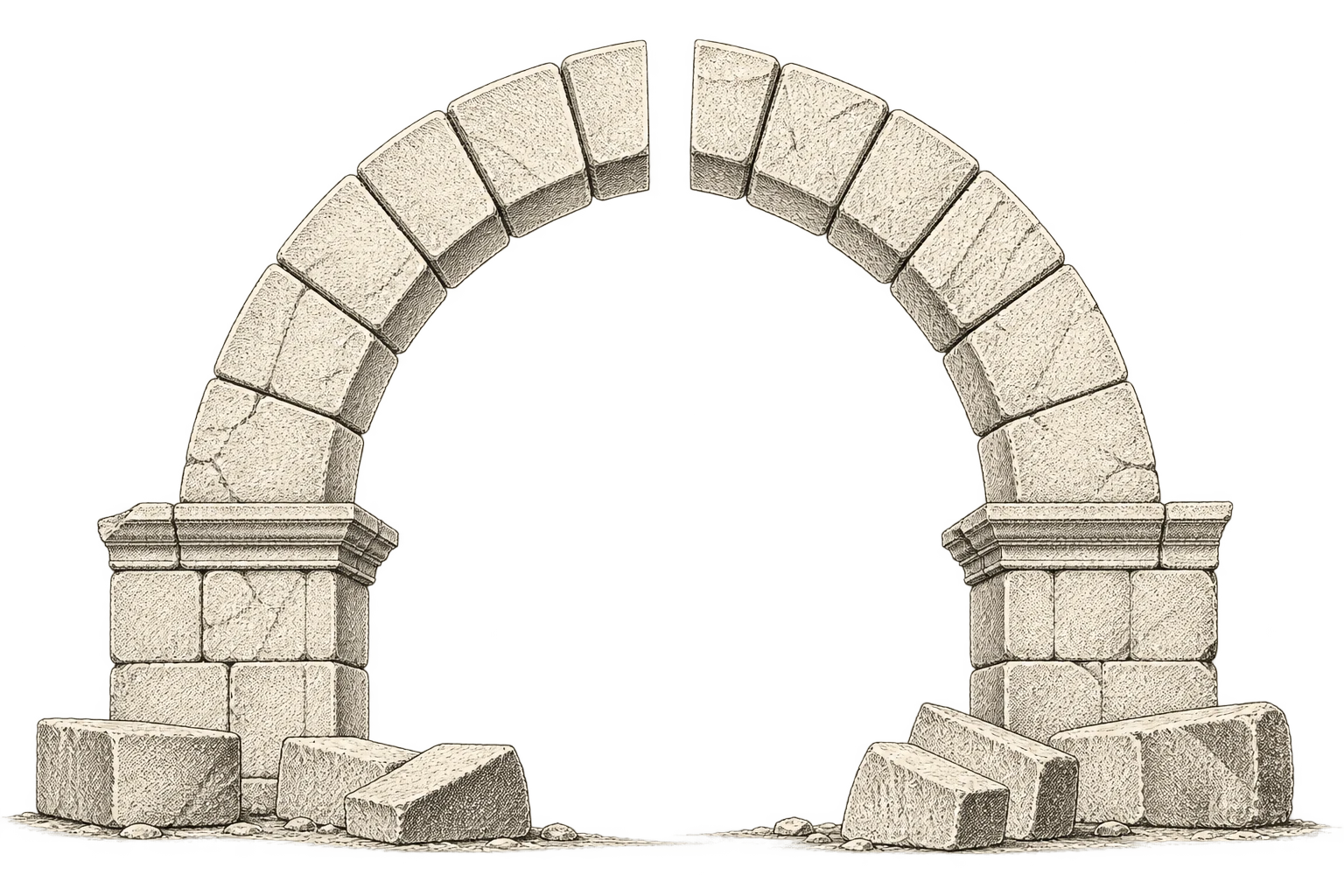 Sound stone blocks form the two sides of an arch but leave an unsupported gap at the crown.