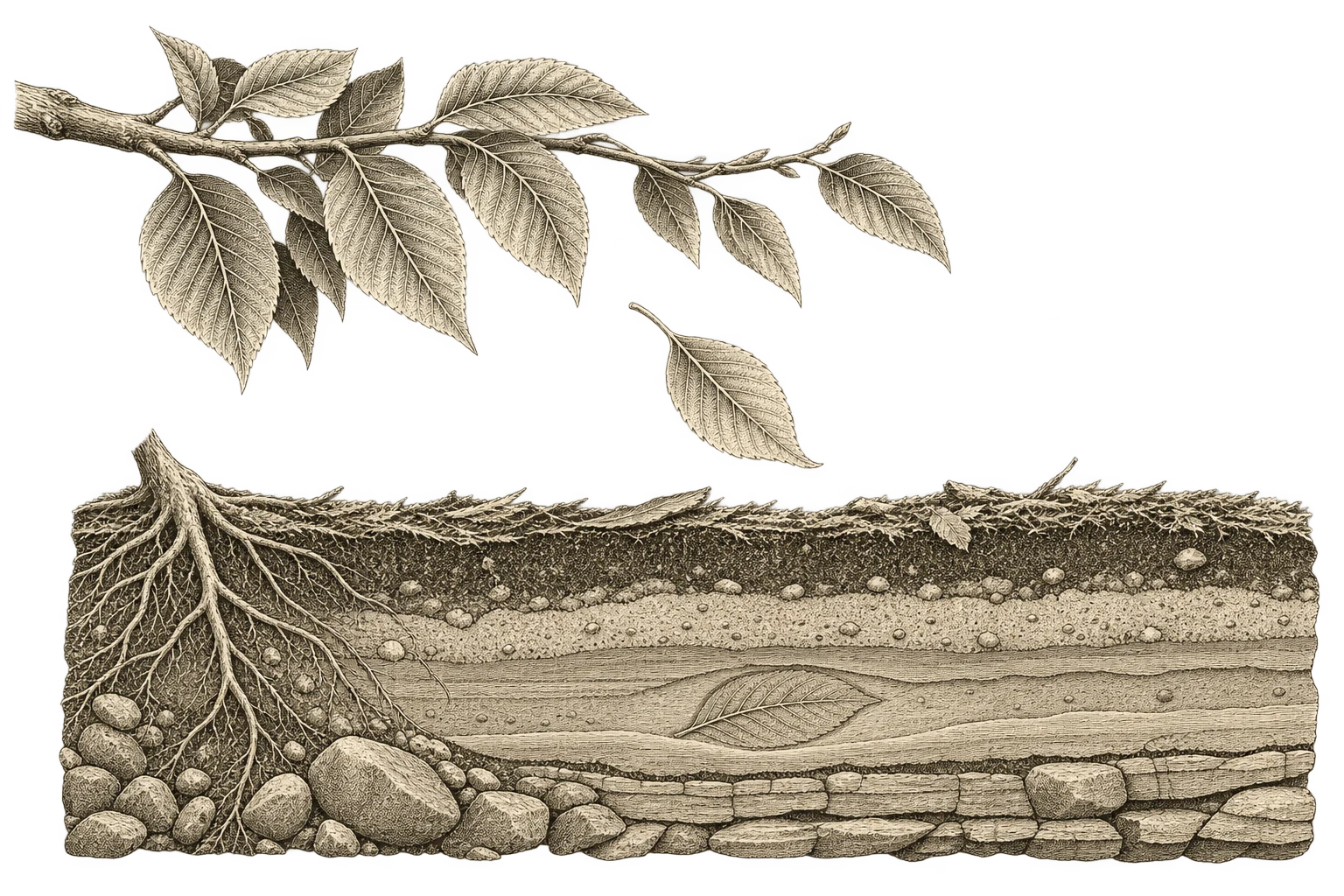 A leaf falls from a branch while an older leaf imprint remains visible in the earth below.