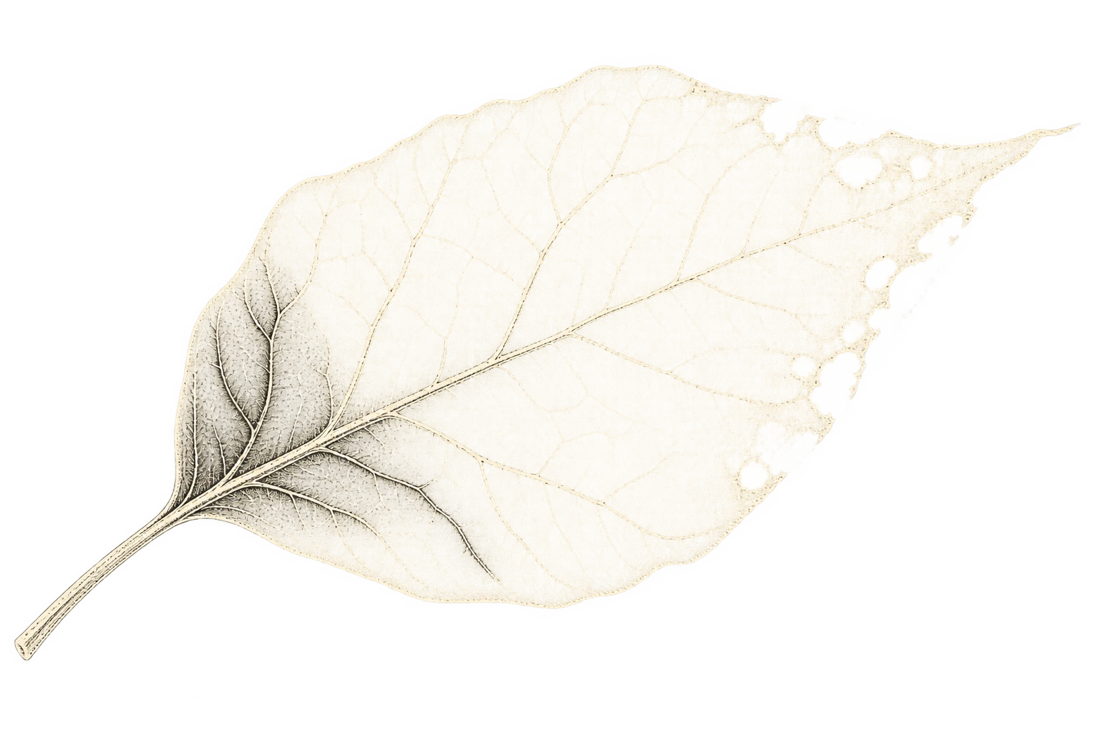 A leaf's veins stay clear near the stem while its outer edge breaks into fine fragments.