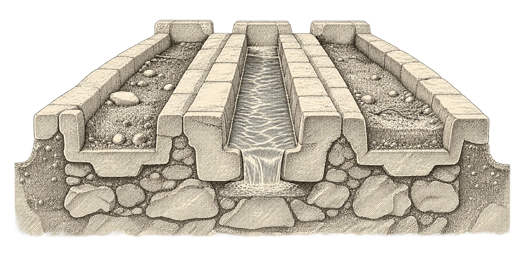 Water flows through a cleared stone channel while neighboring channels have filled with sediment.