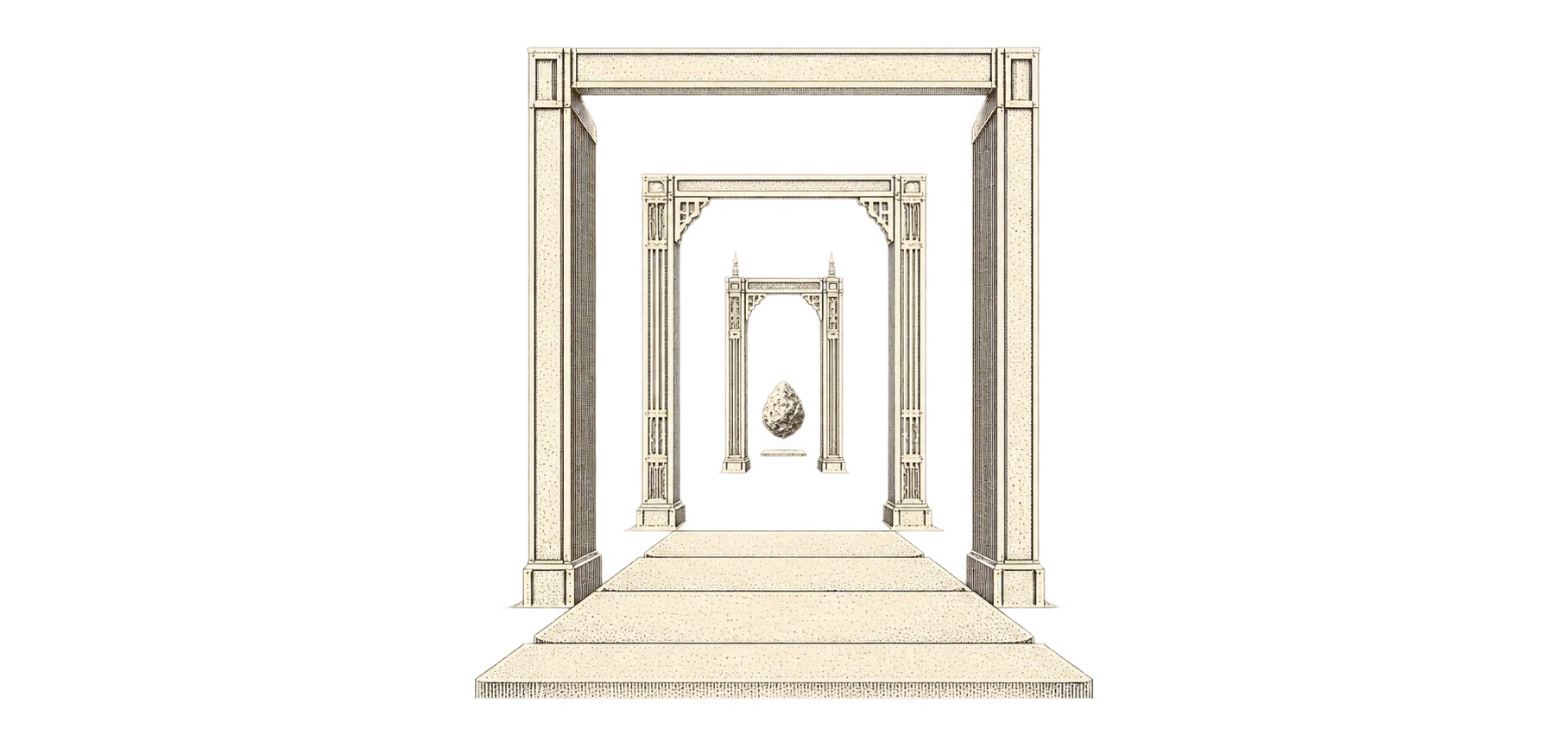 Three narrowing gates stand along a path, with a small specimen visible beyond them.