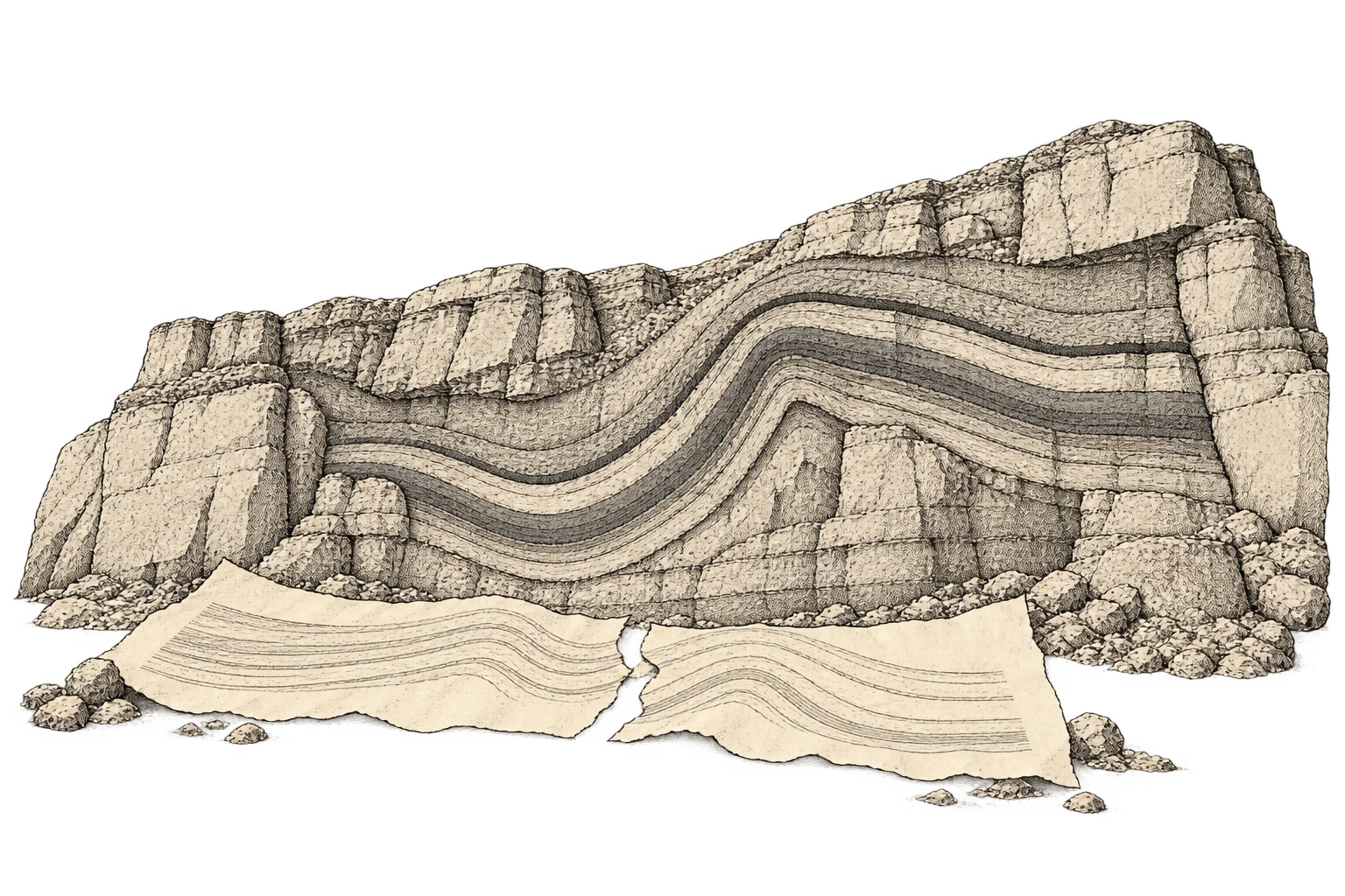A torn tracing lies before the intact folded rock layers it was made to study.