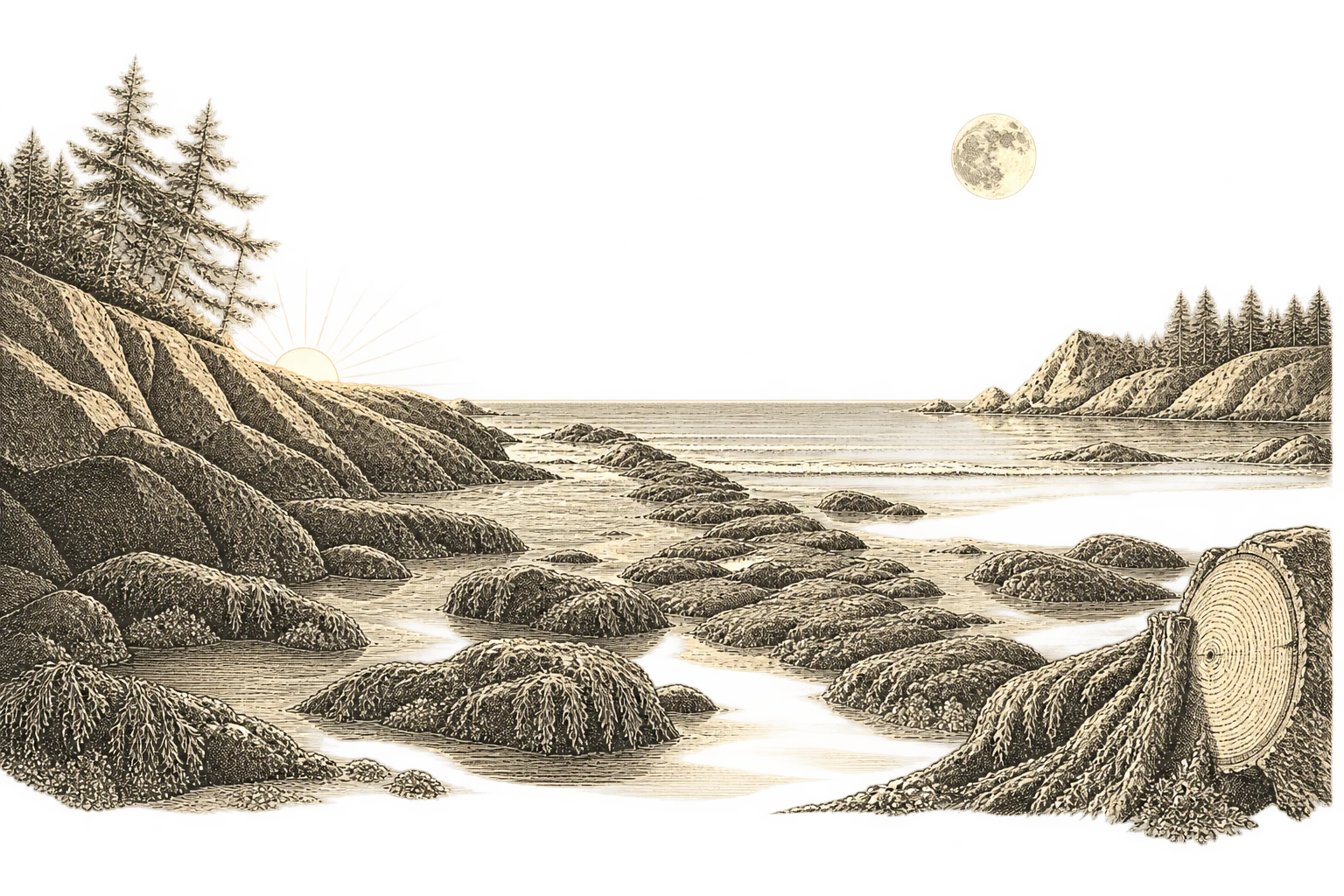 Low tide exposes a rocky crossing beneath the moon and setting sun, beside a tree stump showing growth rings.