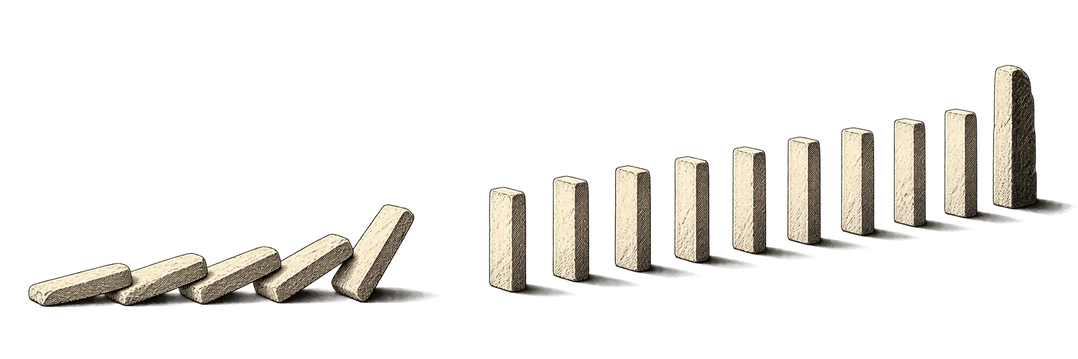 Fallen stones stop at a prepared gap before reaching an upright sequence and a taller final stone.